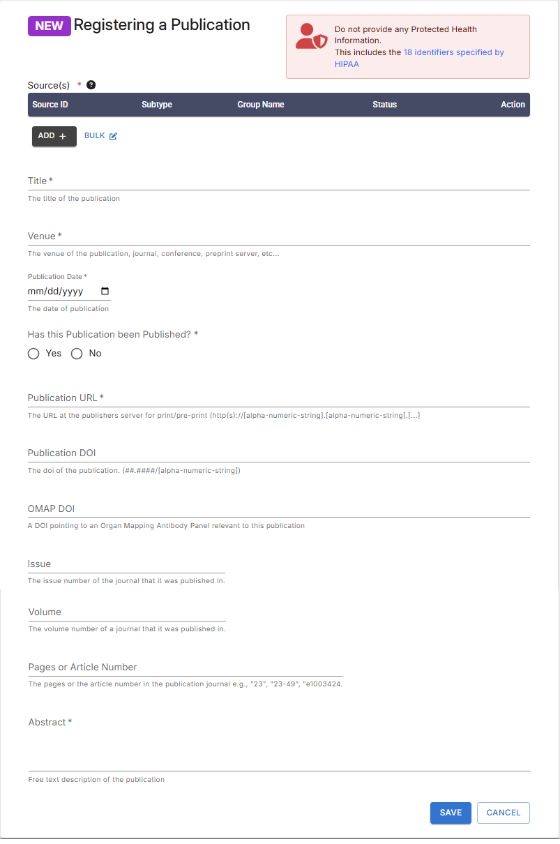Registering a Publication dialog
